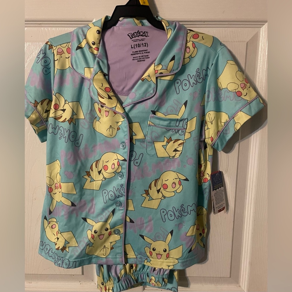 Pokémon Pikachu Girls Pajama Set L 10/12 Blue 2 Piece Sleepwear NWT - Picture 7 of 12